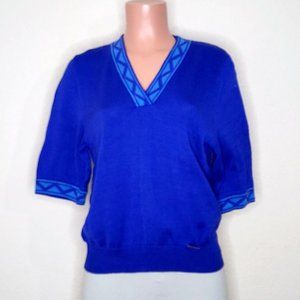 Geiger Austria Vintage Blue Knit Top GE 40 US 12 V-Neck Elbow Sleeves Sweater